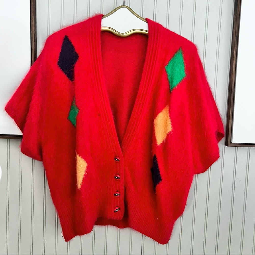Vintage 90’s Argyle Eyelash Knit short Dolman Sleeve Cardigan Sweater